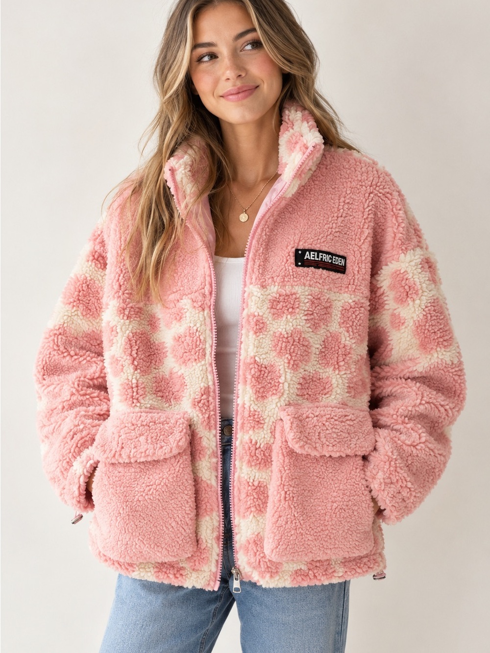 Aelfric Eden Pink & Cream Sherpa Puffer Jacket Womens Small Oversized